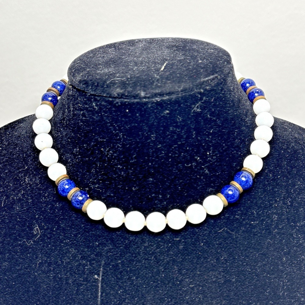 Les Bernard Shell Necklace white Lapis glass beads choker Signed Vintage Knotted